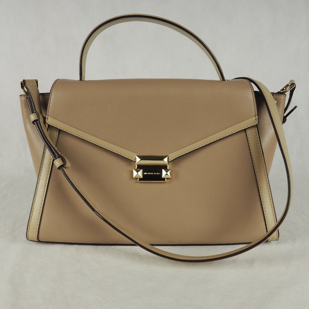 Michael Kors Handbag Crossbody Bag Top Handle Luxury Leather Beige Tan Large